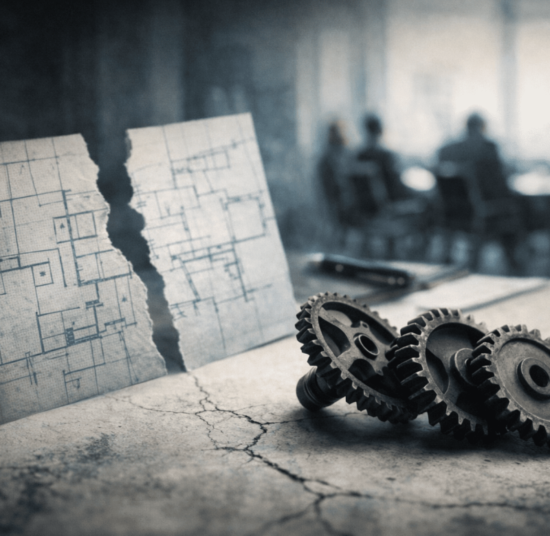 Conceptual image showing misaligned organisational systems behind failed leadership initiatives