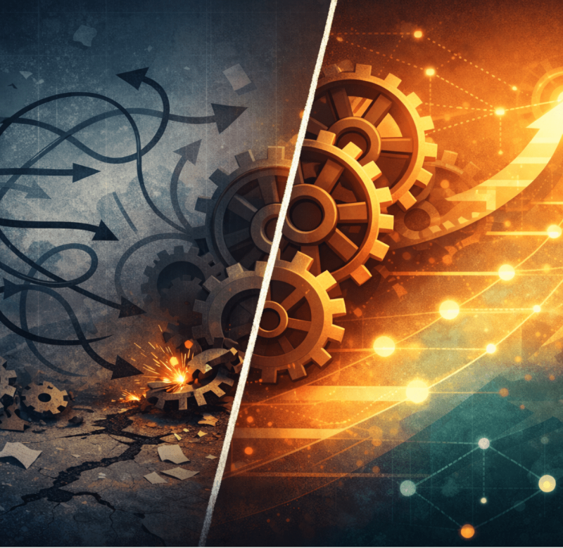 Conceptual illustration showing misaligned organisational systems and friction that cause strategy execution to fail